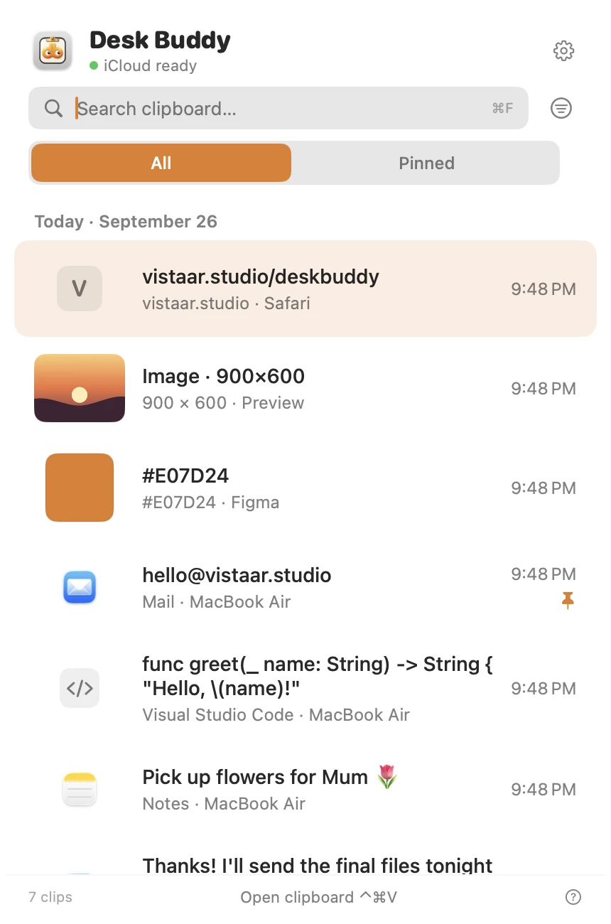 Desk Buddy's clipboard history panel on Mac: a search box, All and Pinned tabs, and recent copies including a link from Safari, an image from Preview, a colour from Figma, an email address and a code snippet, each showing the app it came from