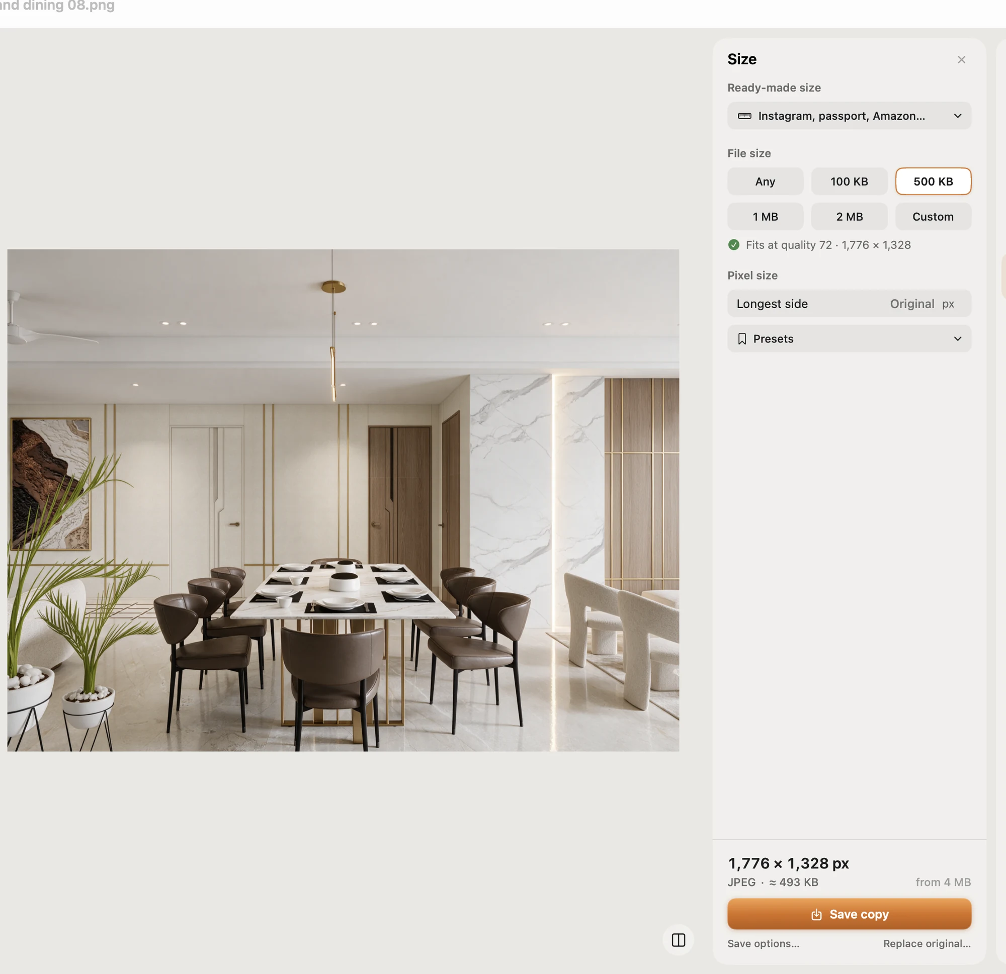 Pictailor app: A 4 MB render → under 500 KB · fits at quality 72